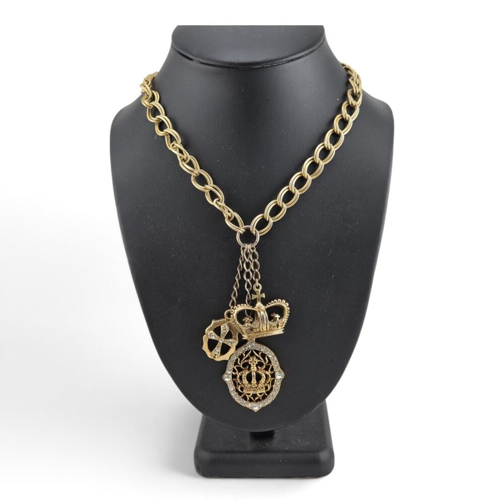 Vintage Gold Tone Crown Charm Necklace Rhinestone Cross Chunky Chain